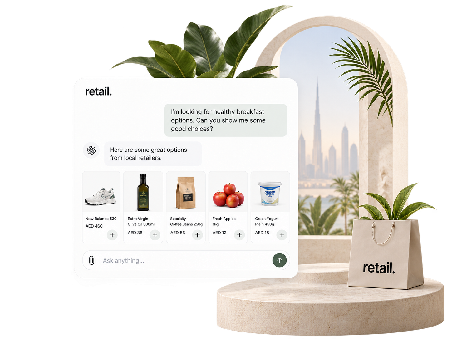 Illustration of shopping through an AI assistant, with example product cards, a Dubai arch, plants and a retail shopping bag.